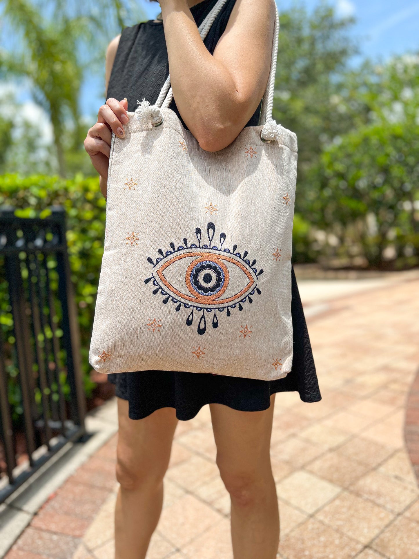 Evil Eye Beach Bag, Woven Tote Bag, Boho Shoulder Bag