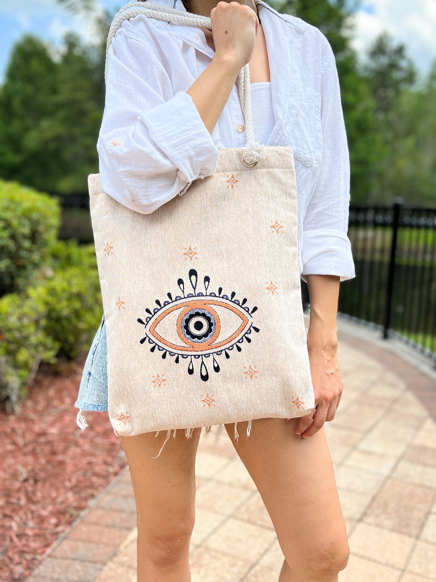 Evil Eye Beach Bag, Woven Tote Bag, Boho Shoulder Bag