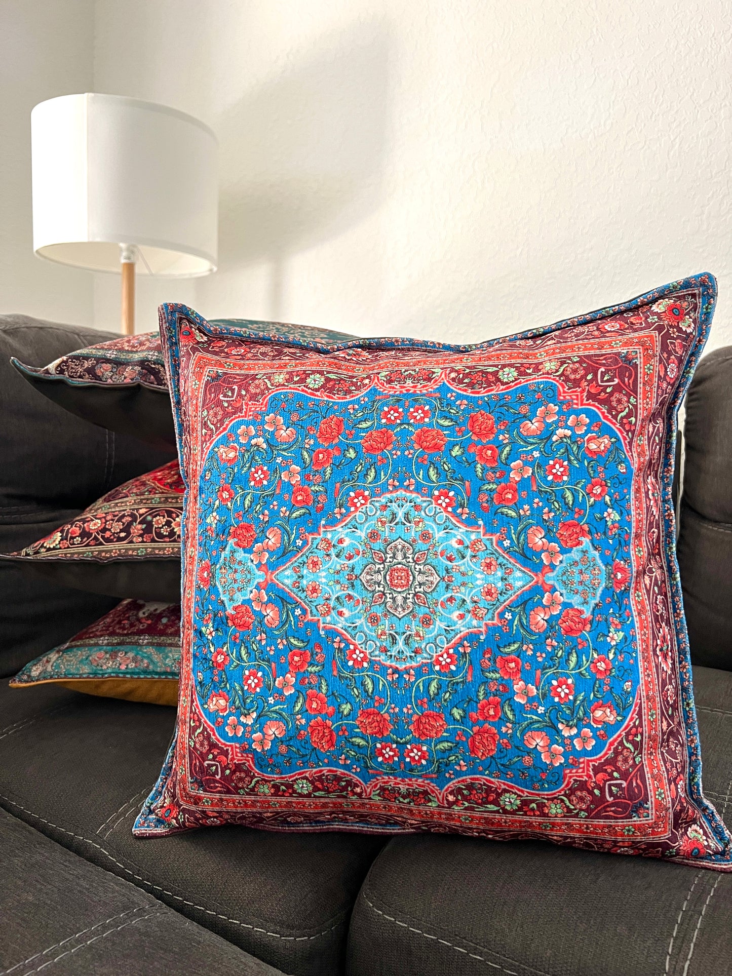 Blue Pillow Cover, Rug Design Pillow Cover, Cotton Handmade