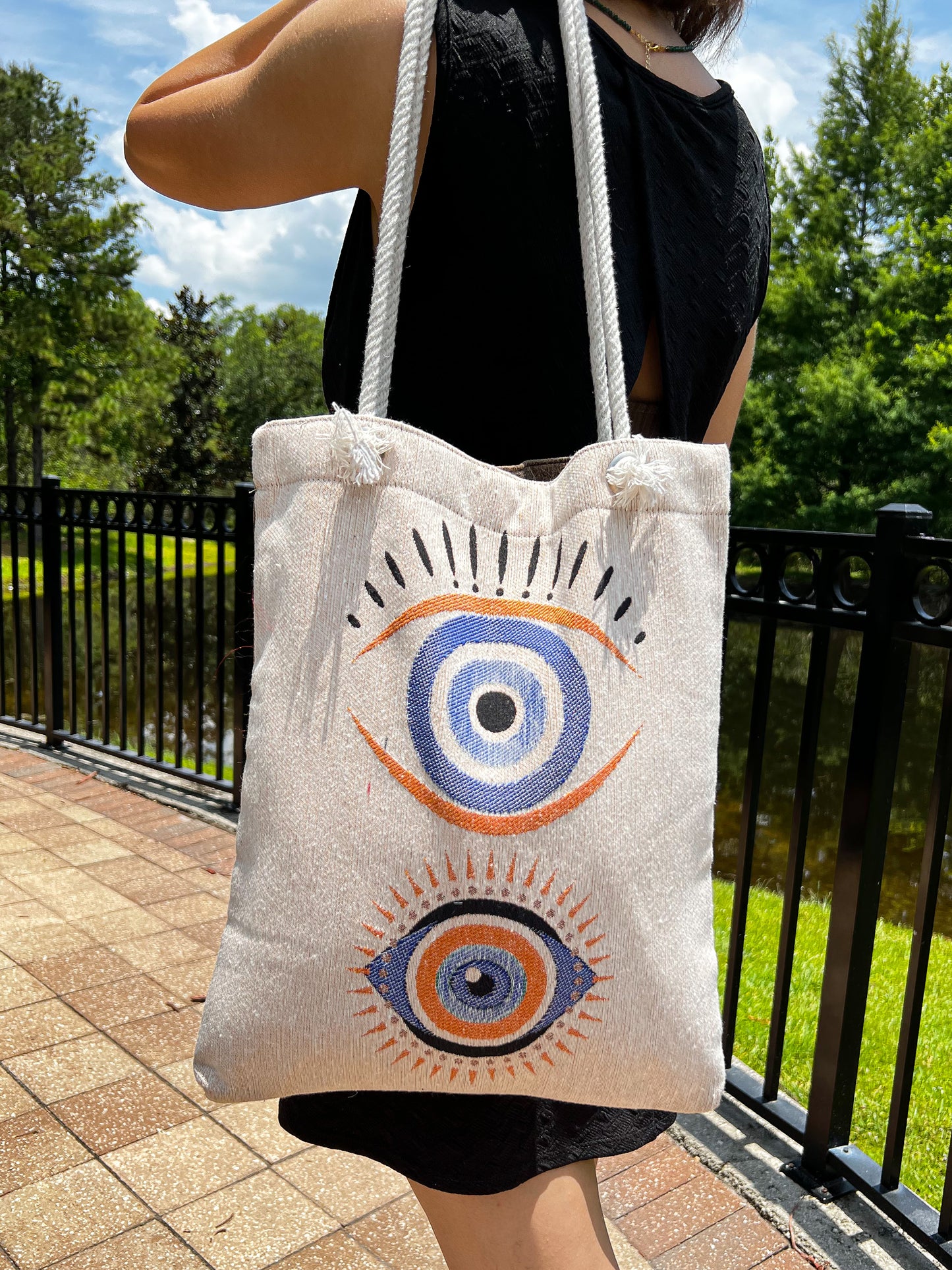 Evil Eye Shoulder Bag, Woven Fabric Tote Bag, Beach Bag