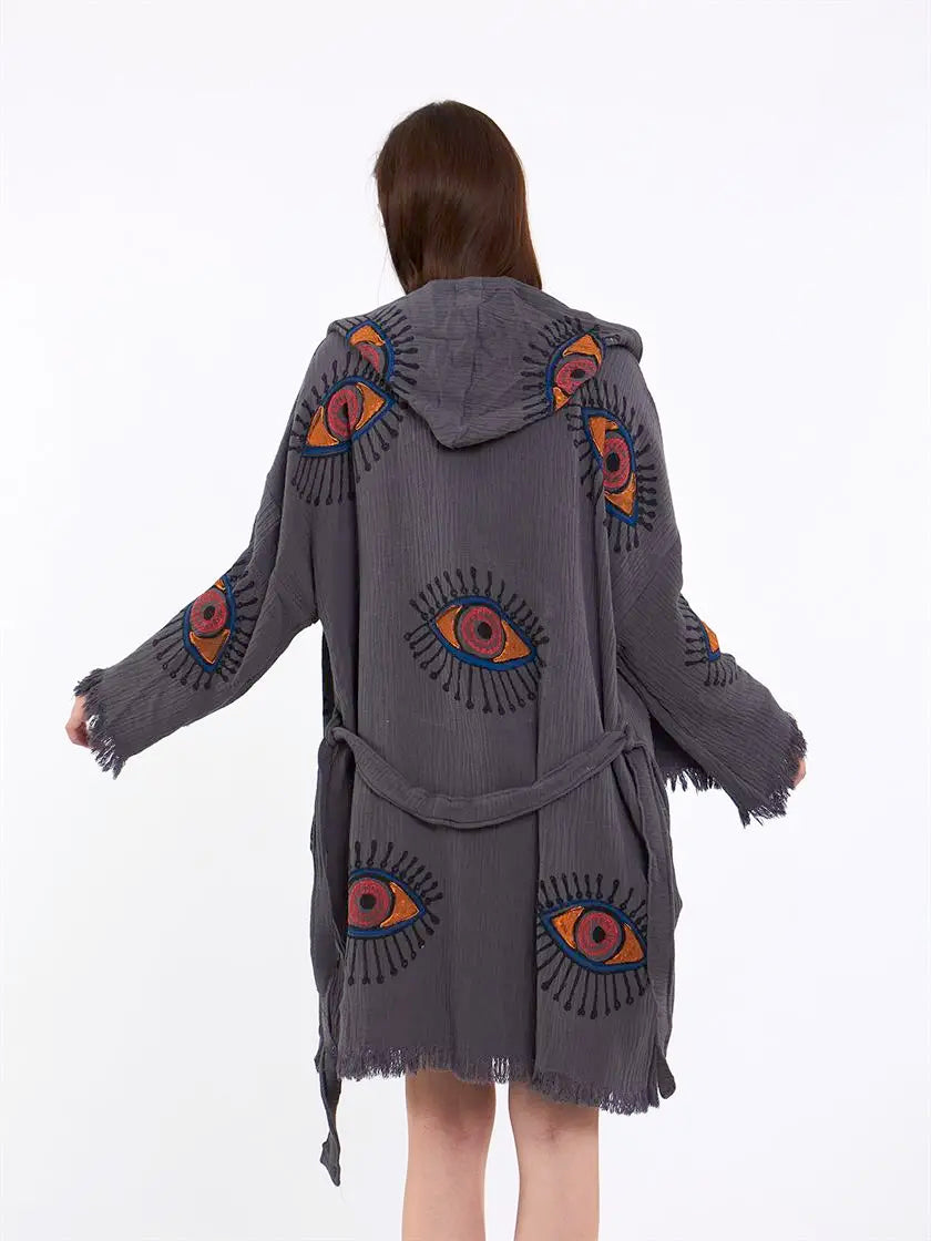 Hooded Cotton Robe, Soft Kimono, Evil Eye Robe