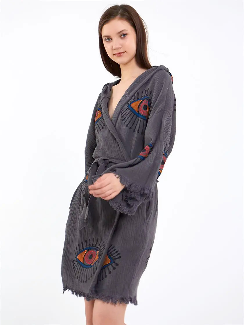 Hooded Cotton Robe, Soft Kimono, Evil Eye Robe