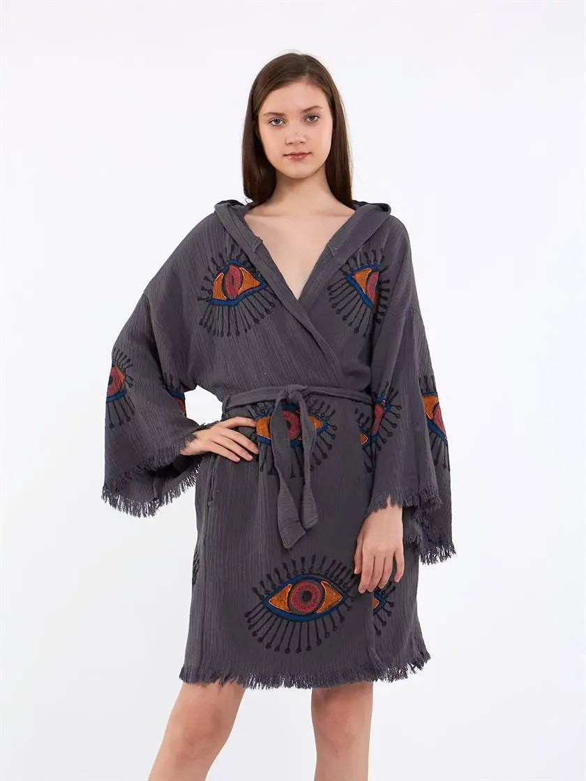 Hooded Cotton Robe, Soft Kimono, Evil Eye Robe