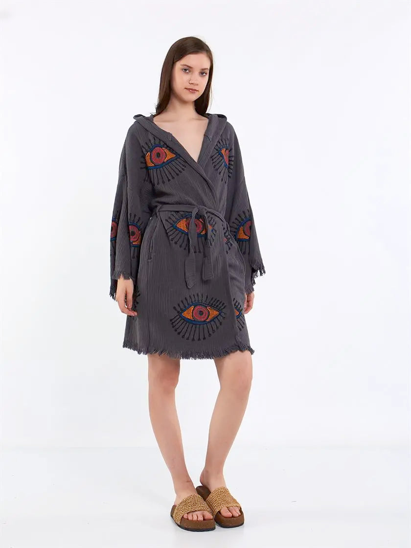 Hooded Cotton Robe, Soft Kimono, Evil Eye Robe