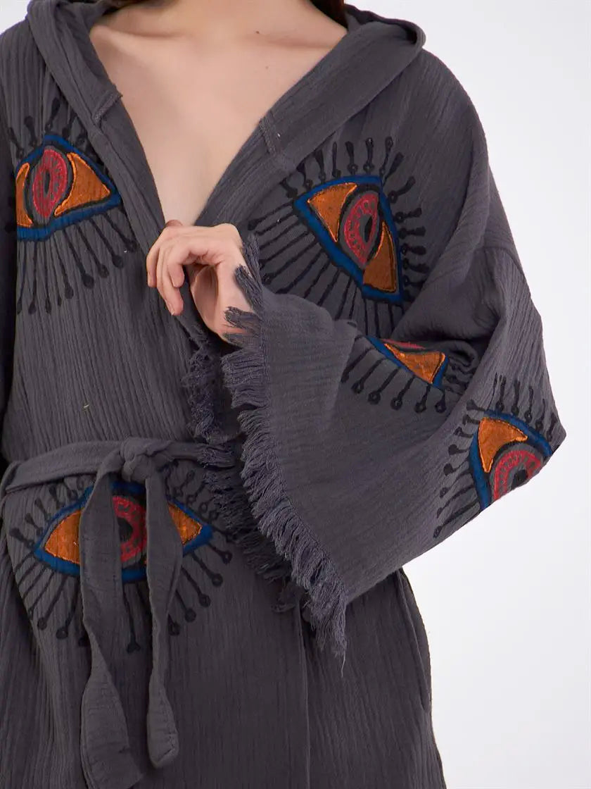 Hooded Cotton Robe, Soft Kimono, Evil Eye Robe