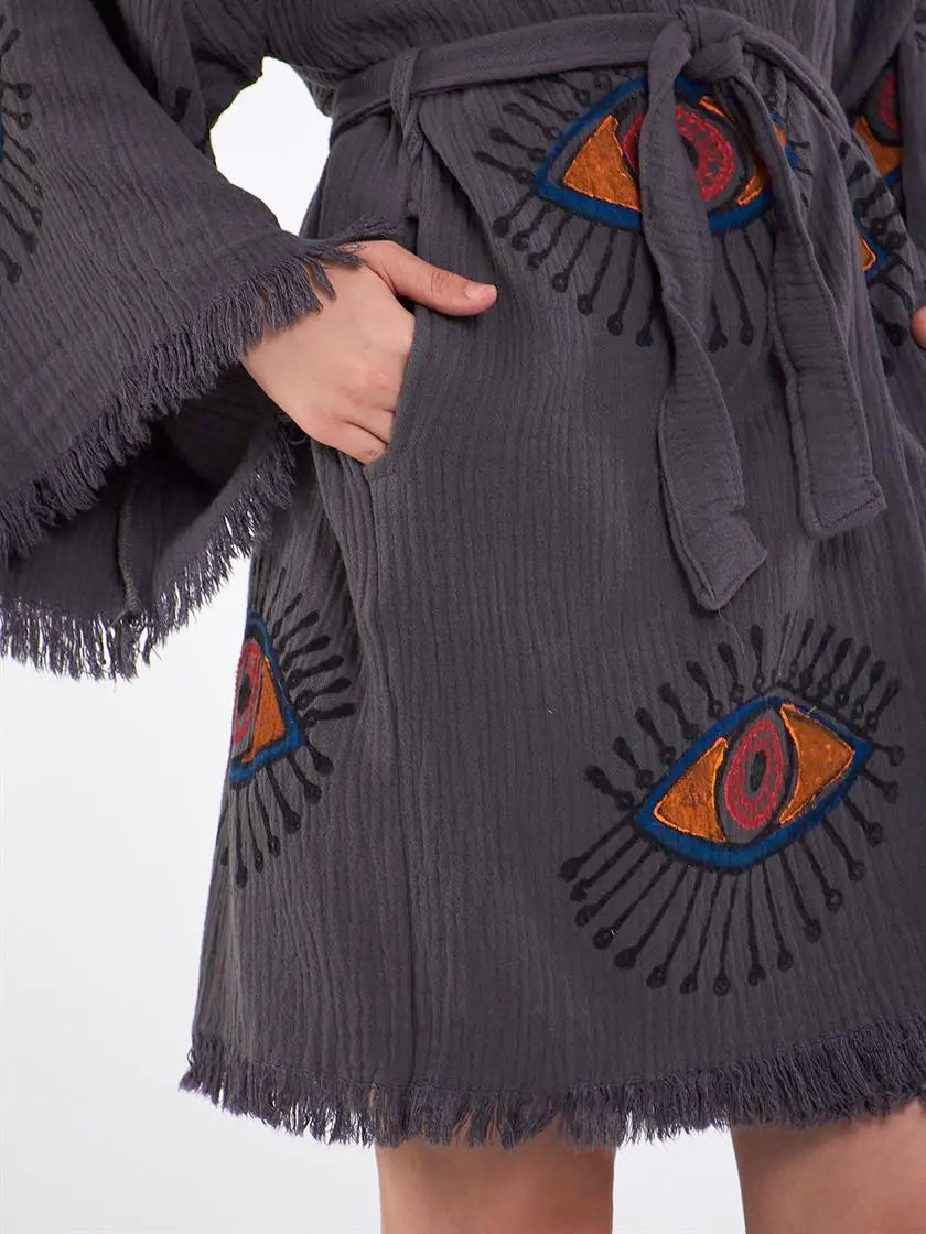Hooded Cotton Robe, Soft Kimono, Evil Eye Robe
