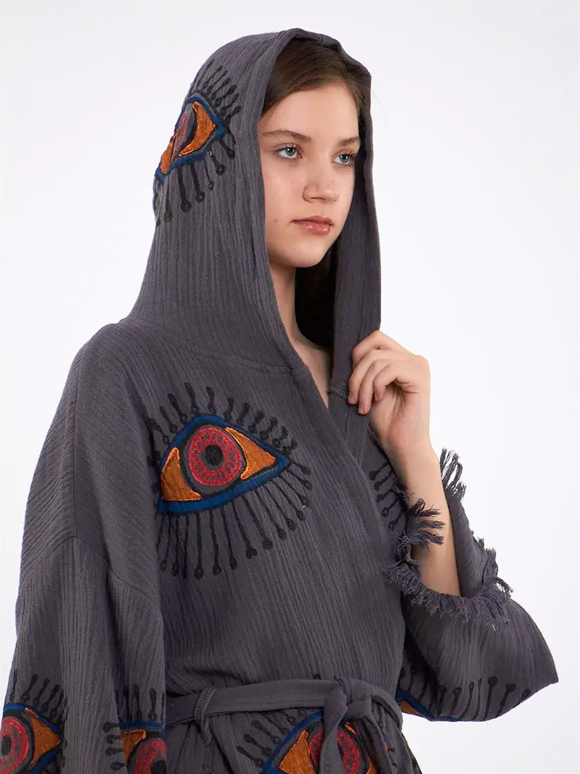 Hooded Cotton Robe, Soft Kimono, Evil Eye Robe