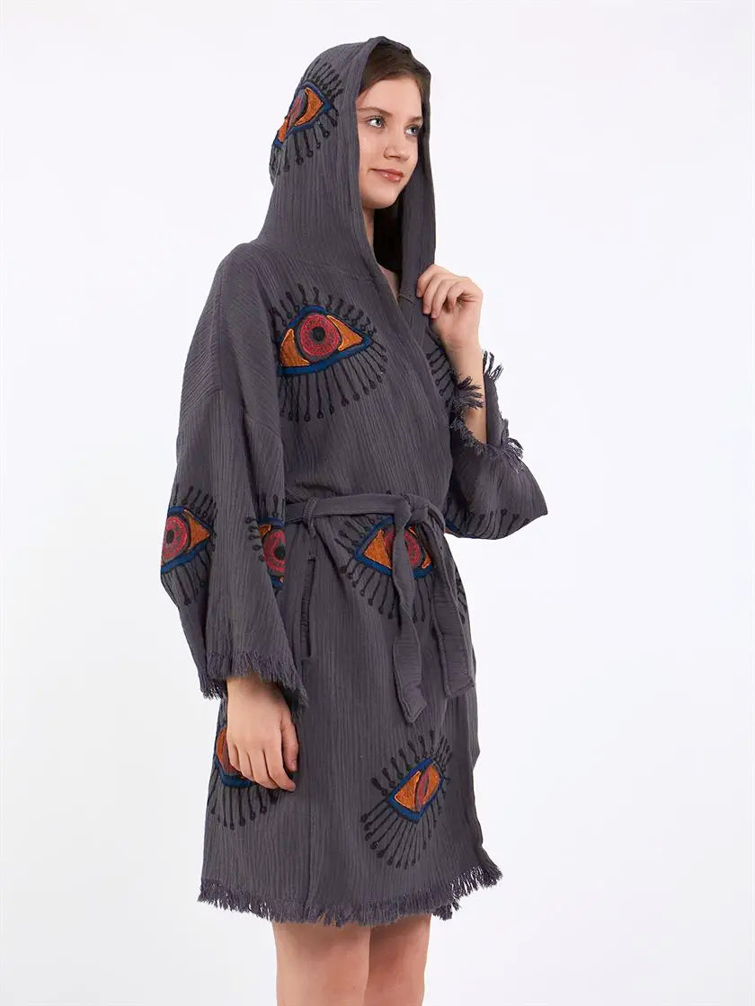 Hooded Cotton Robe, Soft Kimono, Evil Eye Robe