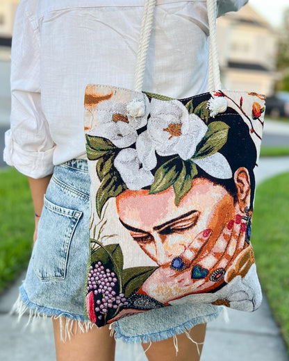 Woven Fabric Tote Bag, Frida Kahlo Design Shoulder Bag