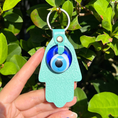 Evil Eye Keyring, Hamsa Hand Keychain with Leather