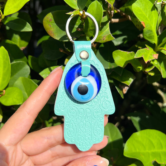 Evil Eye Keyring, Hamsa Hand Keychain with Leather