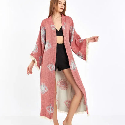 Evil Eye Kimono, Cotton Jacquard Fabric Kimono, Long Kaftan