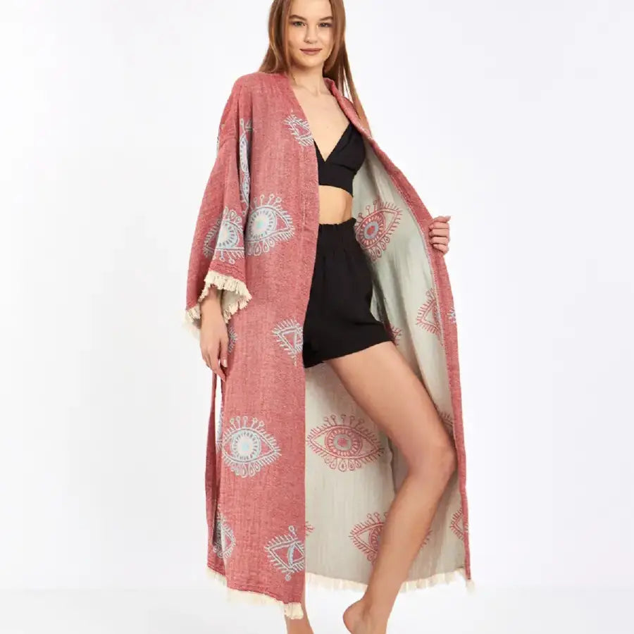 Evil Eye Kimono, Cotton Jacquard Fabric Kimono, Long Kaftan