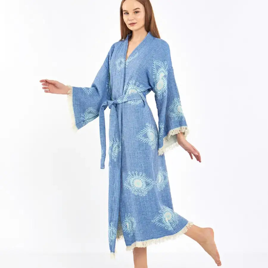 Blue Evil Eye Kimono, Long Cotton Robe, Cotton Kafthan