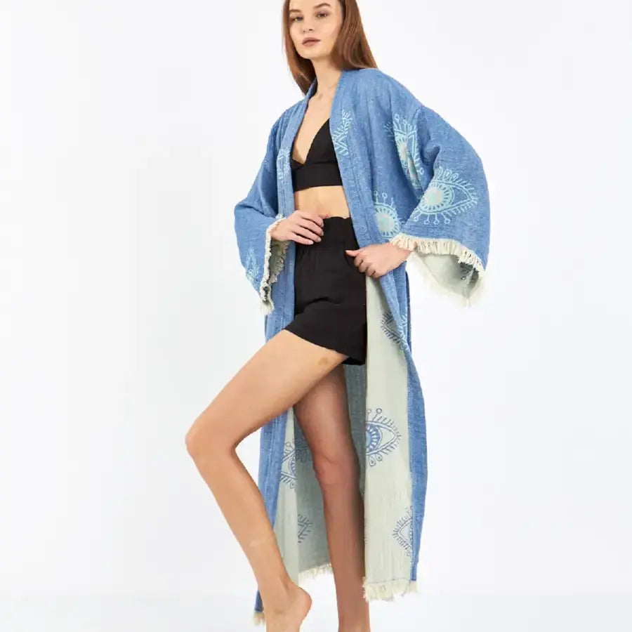 Blue Evil Eye Kimono, Long Cotton Robe, Cotton Kafthan