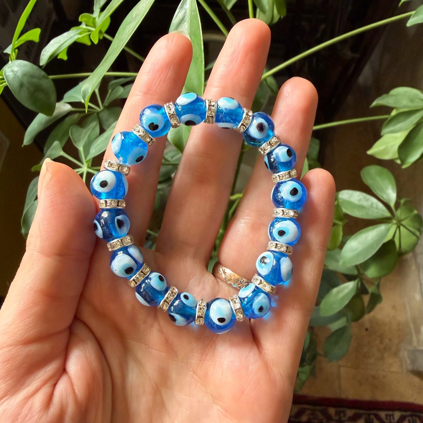 Glass Beaded Stretch Bracelet, Evil Eye Bracelet, Boho Jewelry