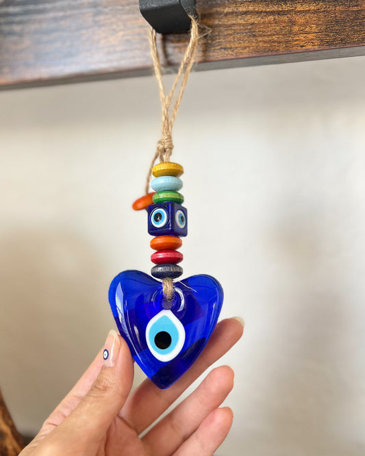 Heart Shaped Evil Eye Wall Hanging with Handmade Beads