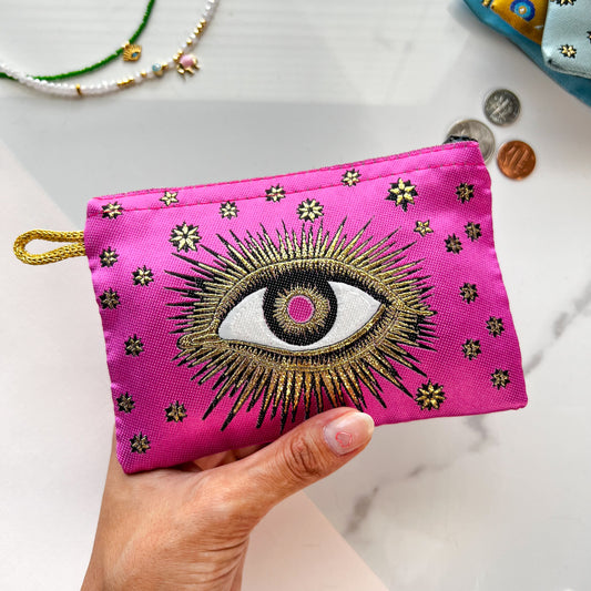 Pink Coin Purse, Evil Eye Pouch, Handmade Coin Purse