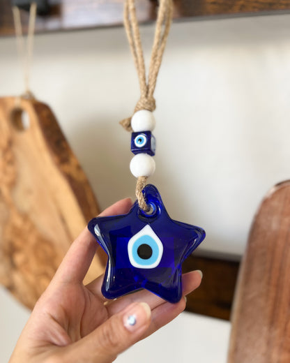 Star Shaped Evil Eye Wall Hanging, Glass Evil Eye with Beads