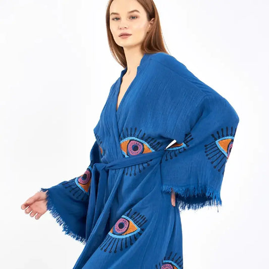 Organic Cotton Block Print Evil Eye Kimono, Boho Robe