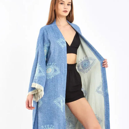 Blue Evil Eye Kimono, Long Cotton Robe, Cotton Kafthan