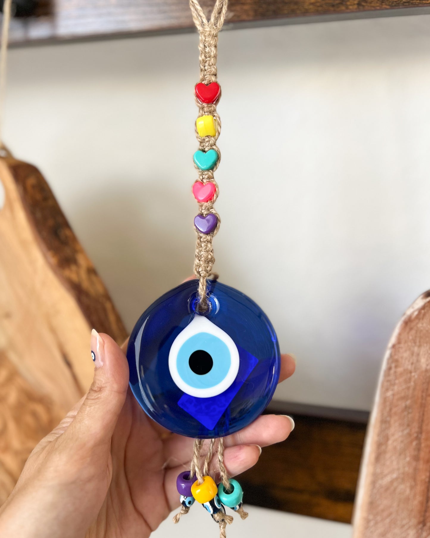 Evil Eye Wall Hanging with Small Heart Beads, Cute Wall Decor