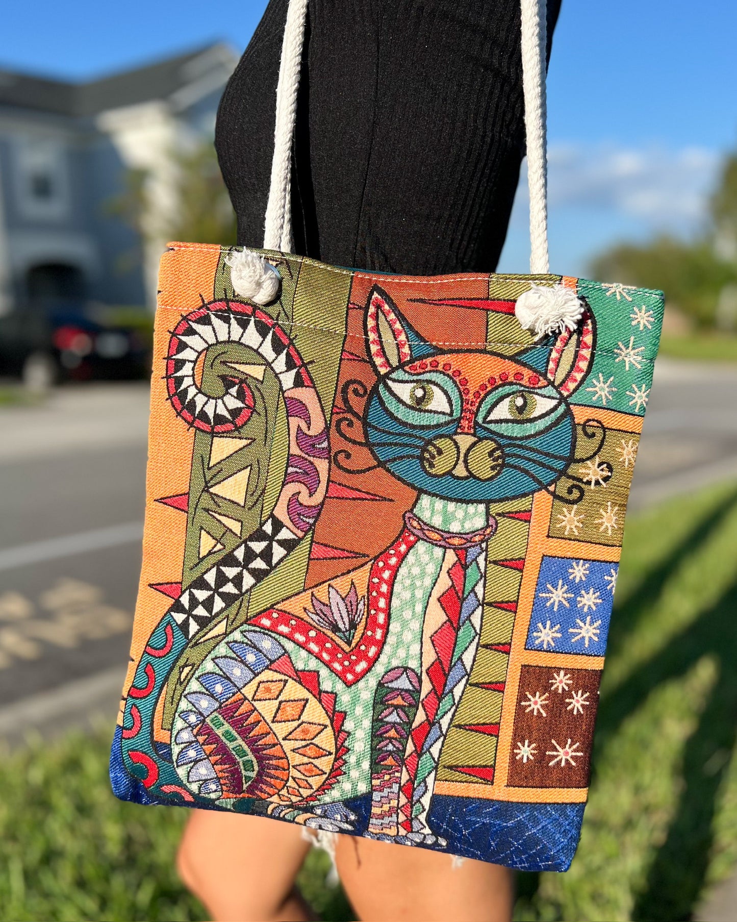 Cat Design Tote Bag from Woven Fabric, Handmade Bag for Women