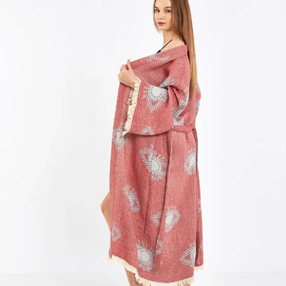 Evil Eye Kimono, Cotton Jacquard Fabric Kimono, Long Kaftan