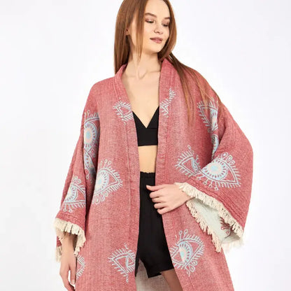 Evil Eye Kimono, Cotton Jacquard Fabric Kimono, Long Kaftan