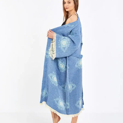 Blue Evil Eye Kimono, Long Cotton Robe, Cotton Kafthan