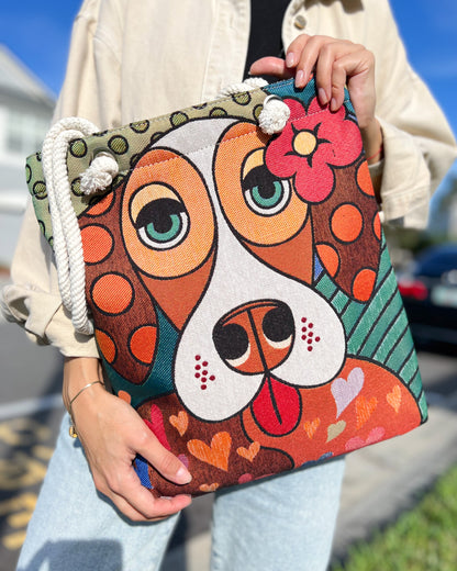 Woven Fabric Bag for Dog Lovers, Cute Bag for Women