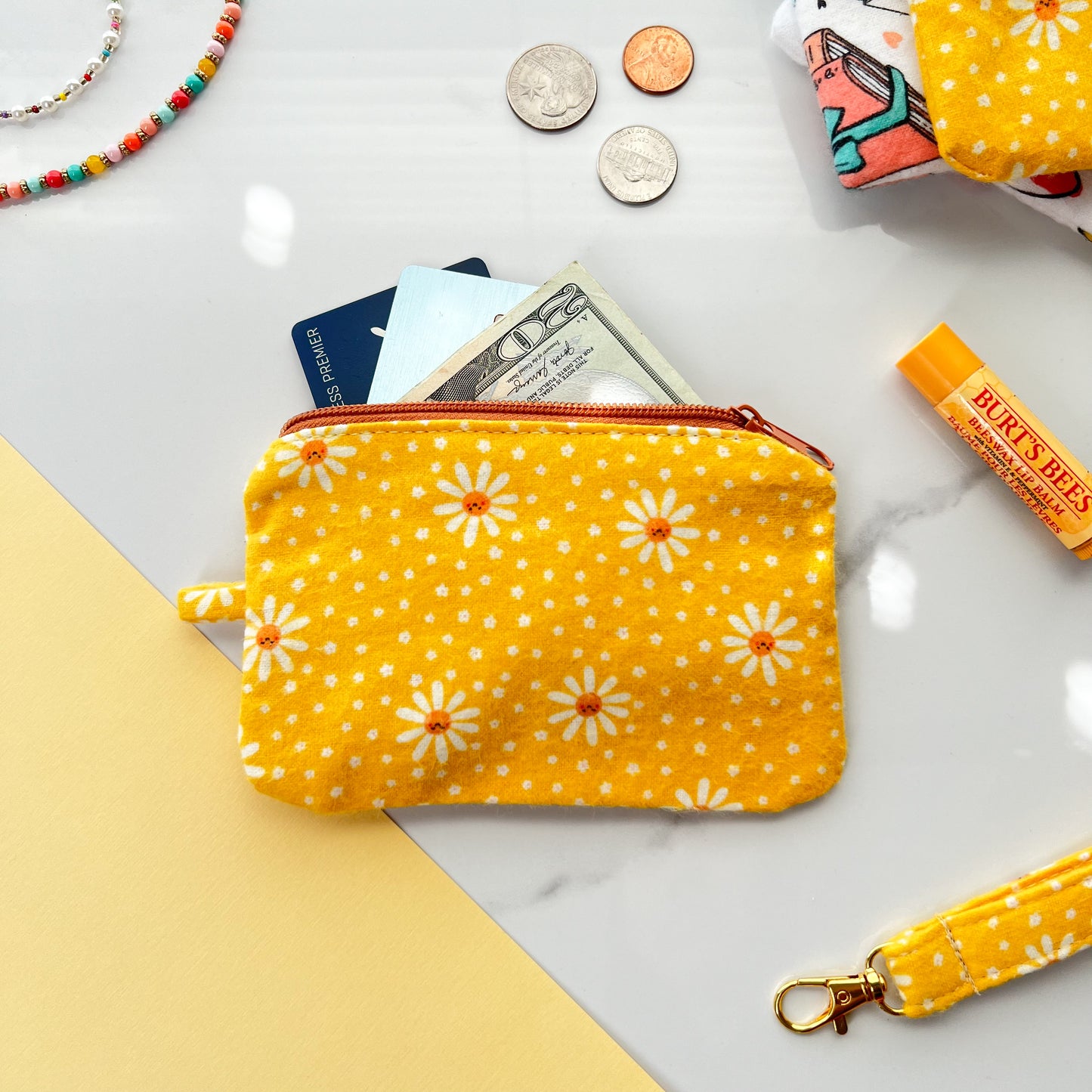 Daisy Fabric Pouch, Small Zipper Pouch, Earbud Pouch