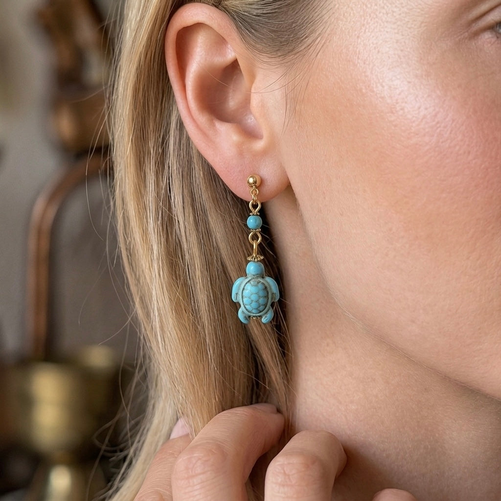 Handmade Turquoise Turtle Earrings, Boho Jewelry. Sea Life