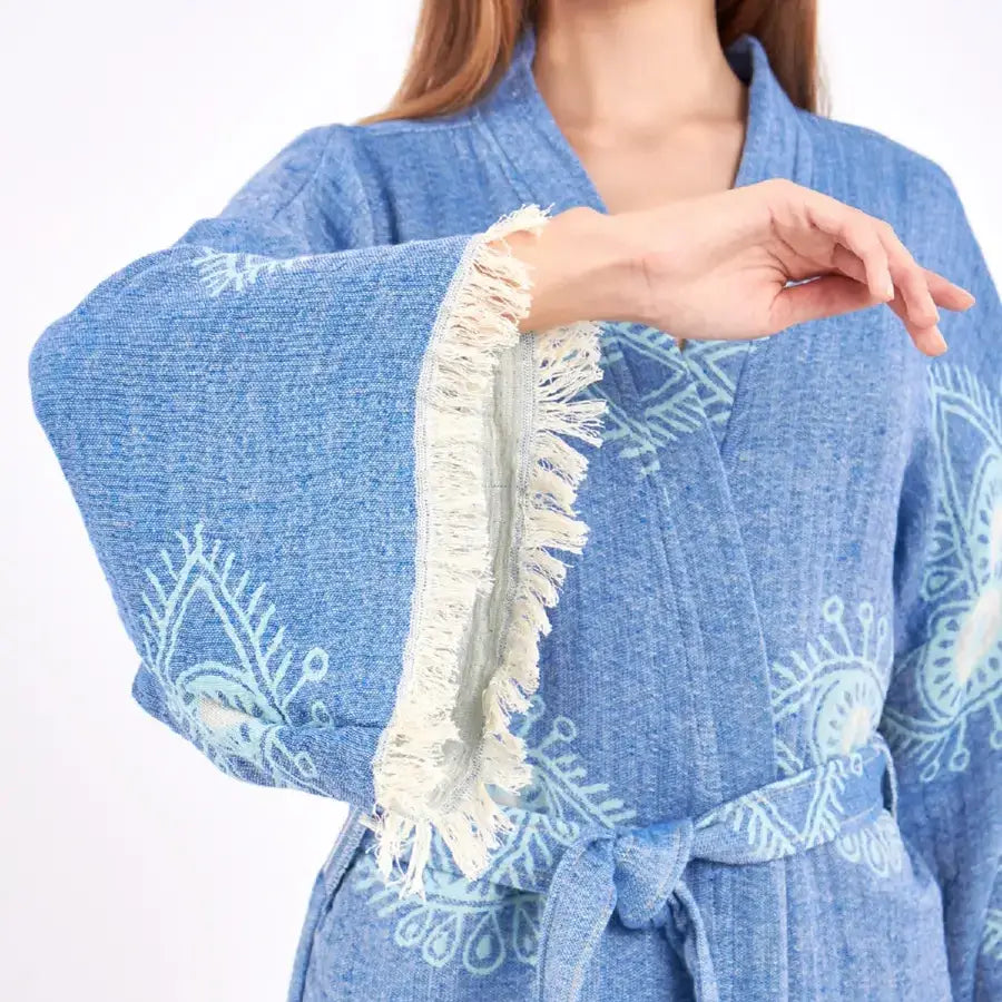 Blue Evil Eye Kimono, Long Cotton Robe, Cotton Kafthan