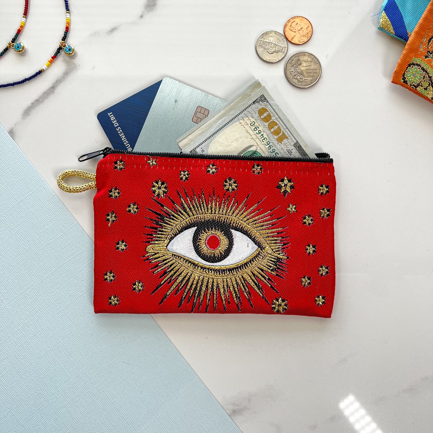 Red Evil Eye Coin Purse, Small Zipper Pouch for Women