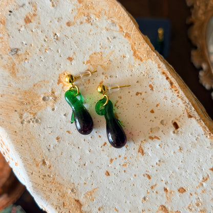 Glass Eggplant Earrings, Cute Earrings, Funny Jewelry