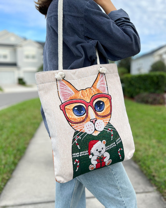 Cat Design Tote Bag, Boho Tote Bag