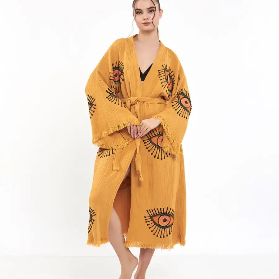 Evil Eye Kimono, Luxury Cotton Long Robe, Kaftan Kimono,