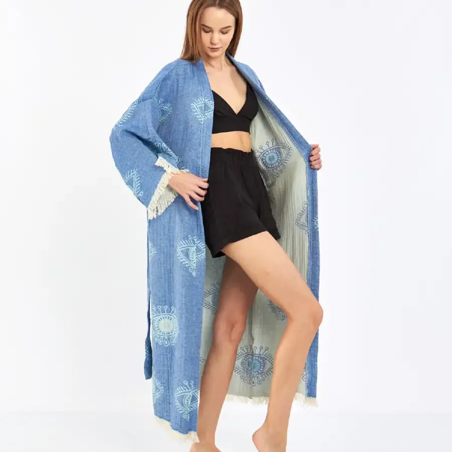 Blue Evil Eye Kimono, Long Cotton Robe, Cotton Kafthan