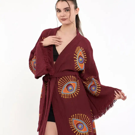 Long Evil Eye Kimono, Organic Cotton Kimono, Kaftan Kimono