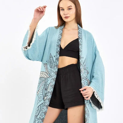 Blue Kimono, Boho Robe, Kaftan Kimono, Jacquard Kimono