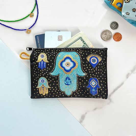 Hamsa Hand Coin Purse, Handmade Fabric Pouch, Zipper Pouch