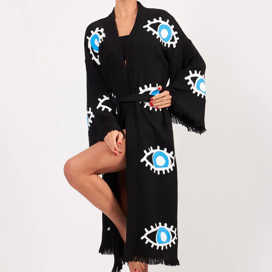 Cotton Kimono, Long Kimono, Cotton Robe, Evil Eye Kimono