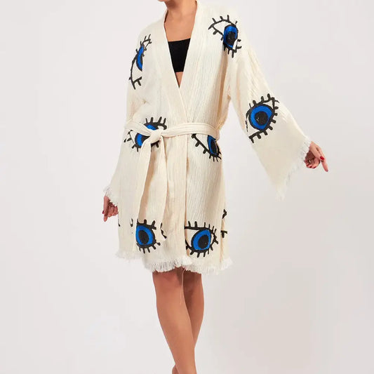 Midi Evil Eye Kimono, Organic Cotton Kimono, Kimonos