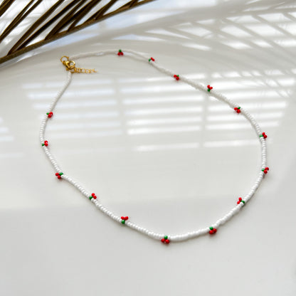 Cherry Beaded Necklace Seed Bead Choker Cherry Beaded Necklace Dainty White Necklace Everyday Boho Jewelry Trendy Cherry Charm