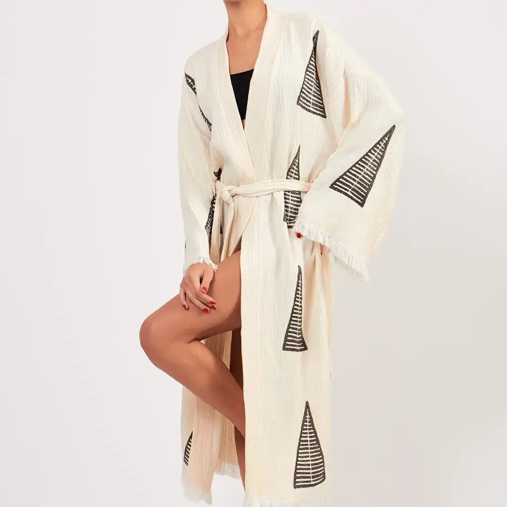 Organic Cotton Long Kimono, Block Printed Robe