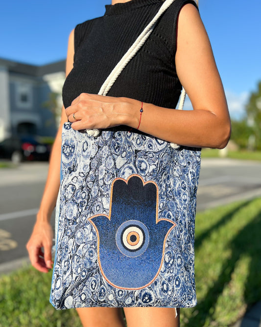 Hamsa Hand Shoulder Bag, Woven Fabric Tote Bag