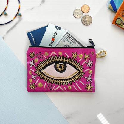 Pink Evil Eye Coin Purse, Small Fabric Pouch