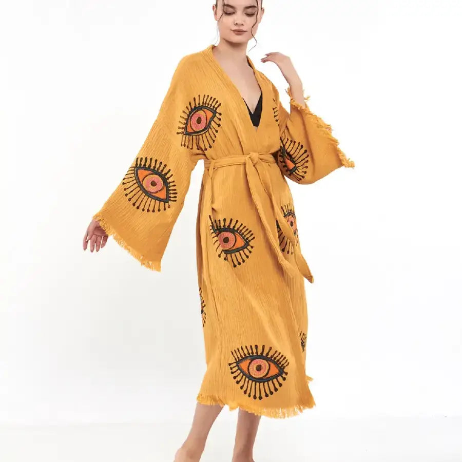 Evil Eye Kimono, Luxury Cotton Long Robe, Kaftan Kimono,