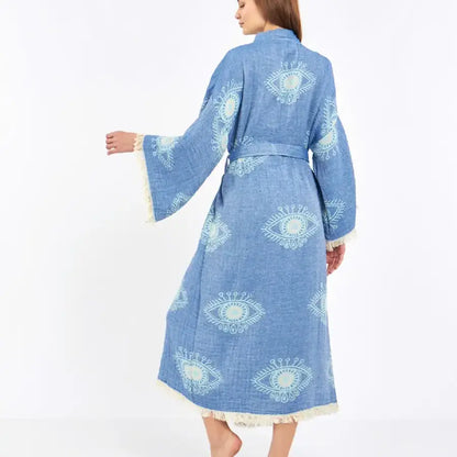 Blue Evil Eye Kimono, Long Cotton Robe, Cotton Kafthan